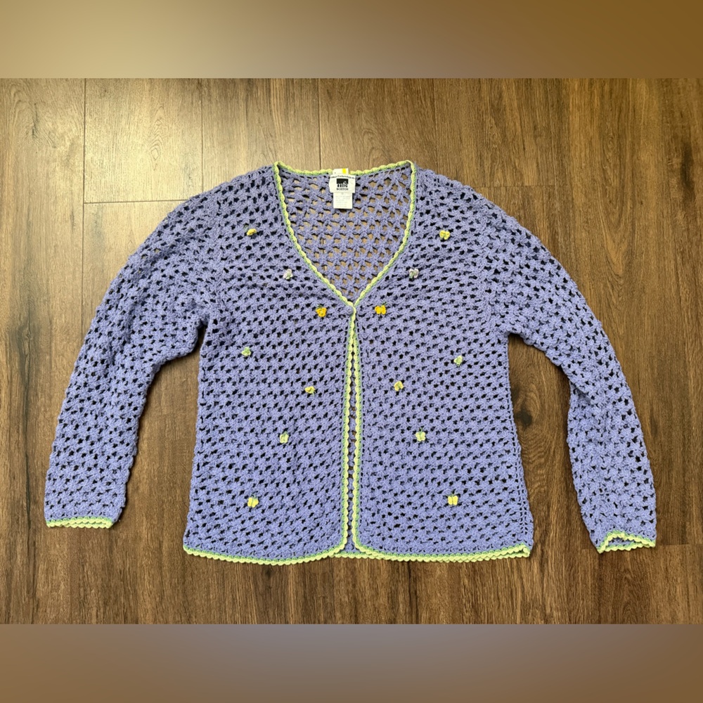 Crochet Cardigan w Butterfly Green & Yellow Accents